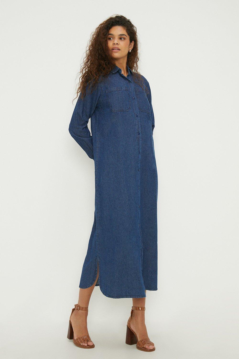 Women’s Tall Denim Shirt Midi Dress - washed indigo - 8